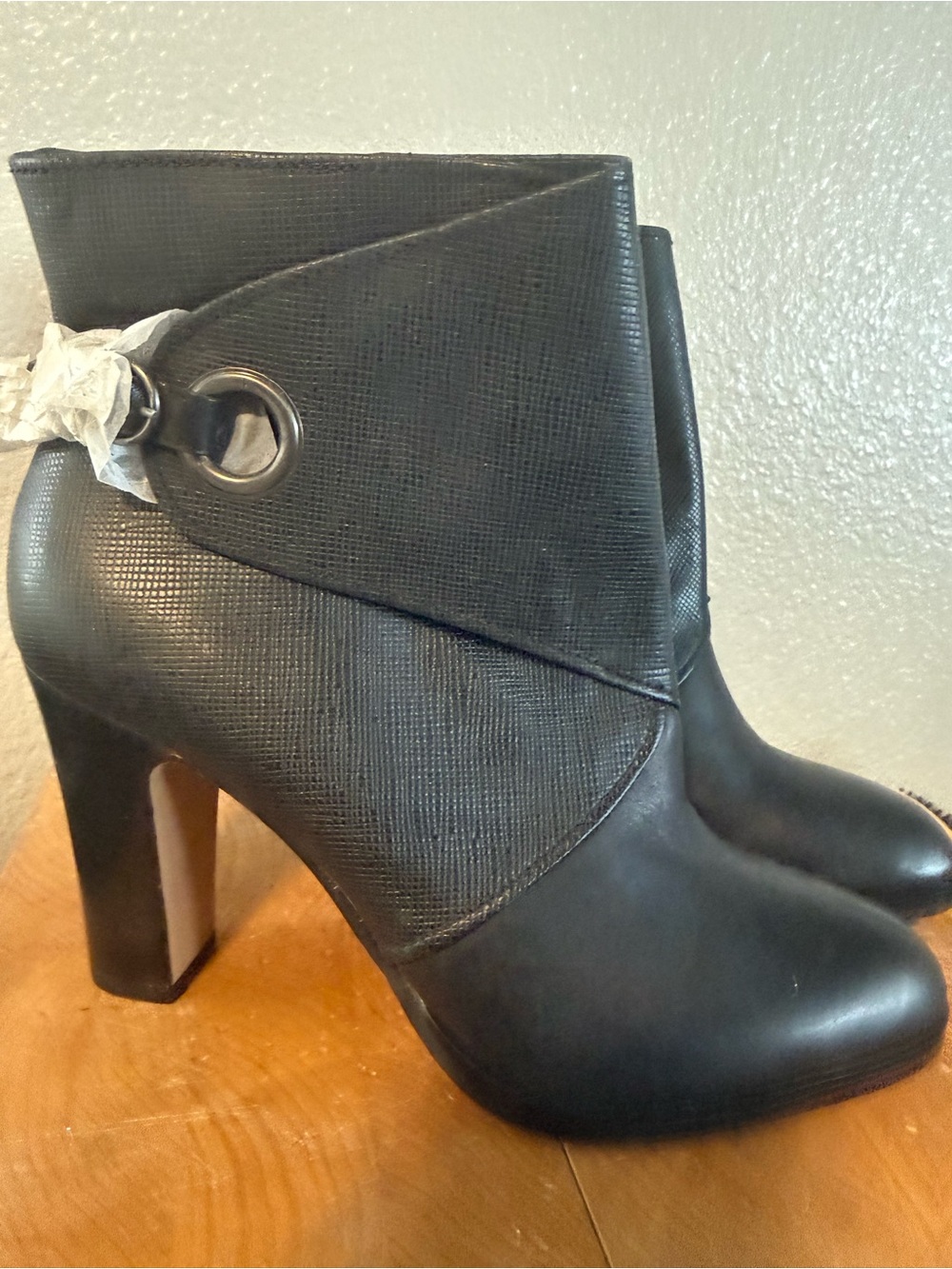 Women's Black Fold-Over Ankle Boot with Ring Accent